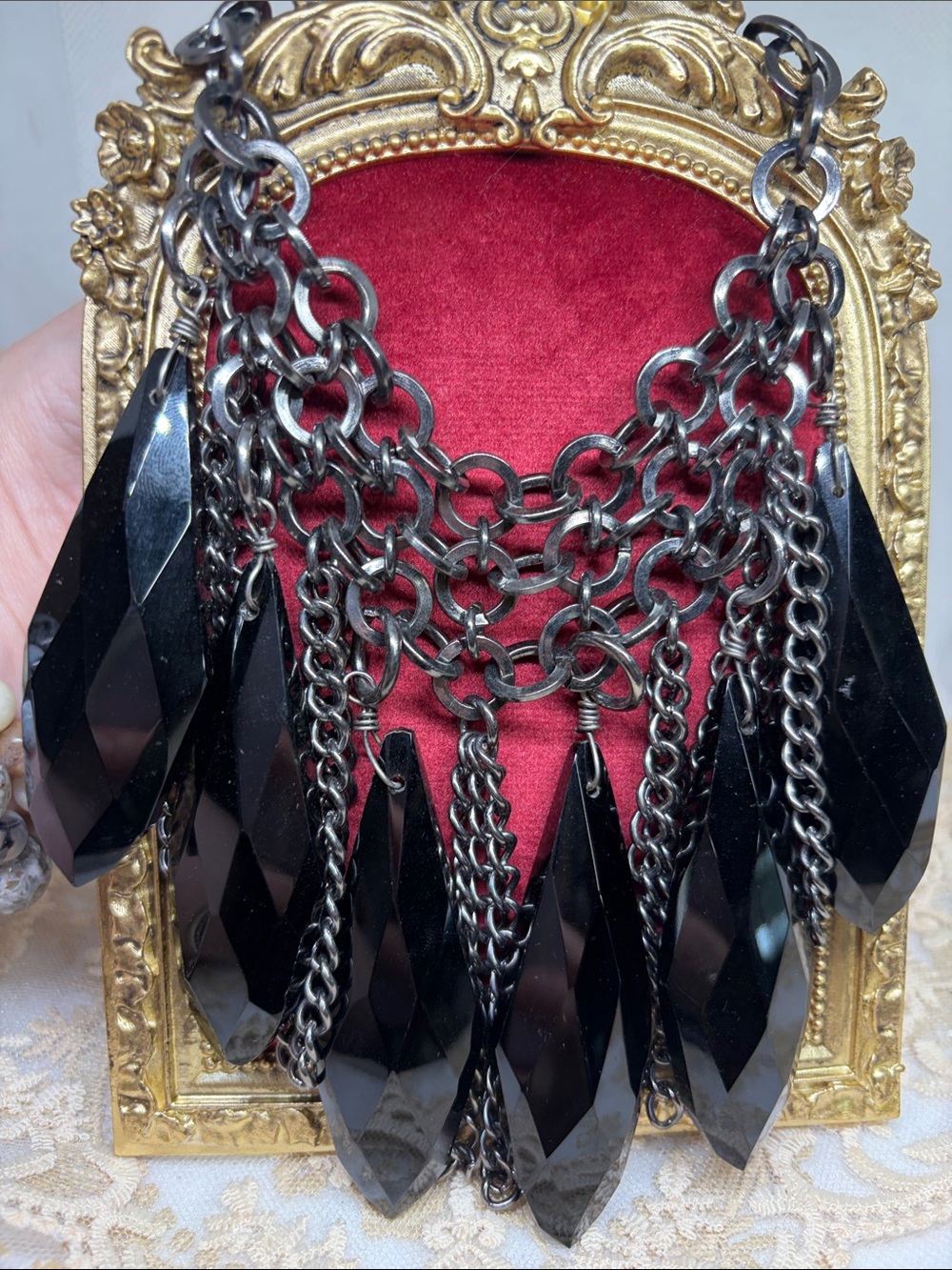 Estate Black Obsidian Statement Necklace Industrial Gunmetal Chain Gothic Dark